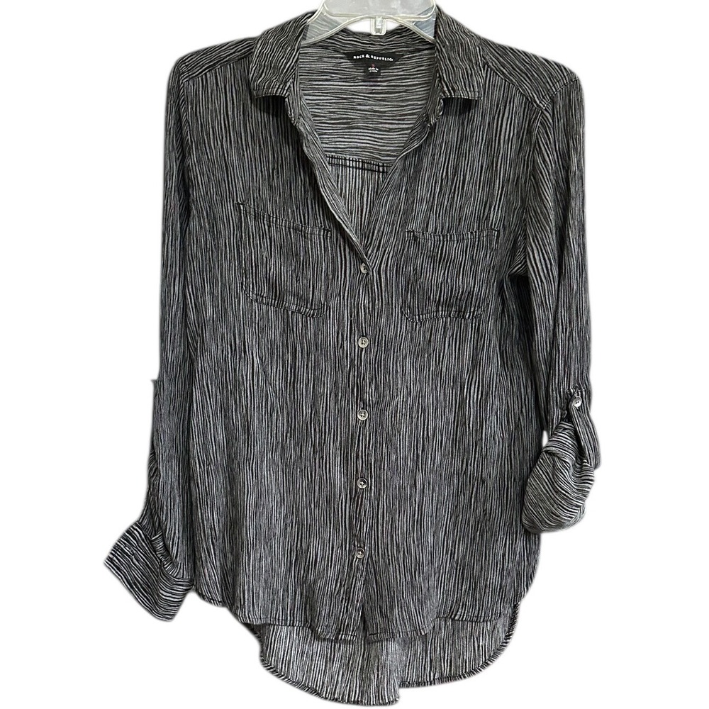 Rock & Republic Womens Black Grey Space Dye Crinkle Roll Tab Button Down Shirt S